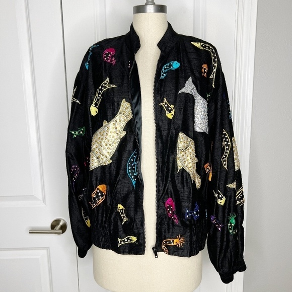 Vintage JA Resort Embroidered Black Silk Bomber Jacket Fish Sequins Sz Medium - Picture 2 of 8